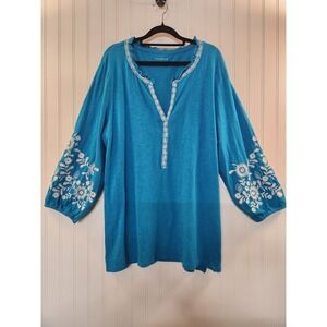 Talbots Women's Turquoise White Floral Embroidered Tunic Peasant Top Size XL